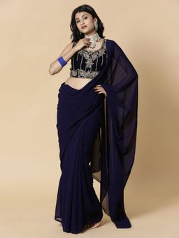 Vervee Couture - Navy Blue Solid Stylish Beads Handwork Designer Saree with Unstitched Blouse