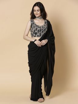 Vervee Couture - Black Georgette Beads Handwork Designer Saree with Unstitched Blouse