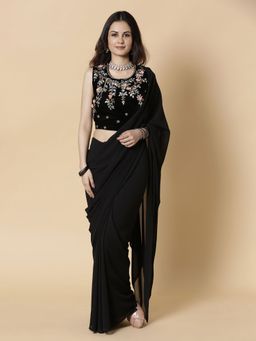 Vervee Couture - Black Solid Georgette Beads Handwork Designer Saree with Unstitched Blouse
