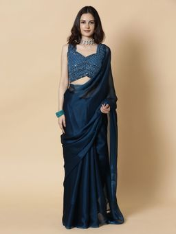 Vervee Couture - Teal Solid Georgette Beads Handwork Designer Saree with Unstitched Blouse