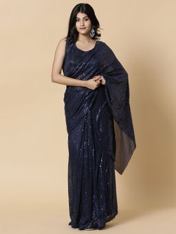 Vervee Couture - Navy Blue Georgette Sequined Saree with Unstitched Blouse