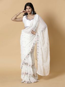 Vervee Couture - White Georgette Embroidered Mirror Work Saree with Unstitched Blouse