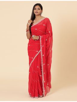 Vervee Couture - Evara Light Red Embellished Handwork Bugle Beads Saree with Unstitched Blouse