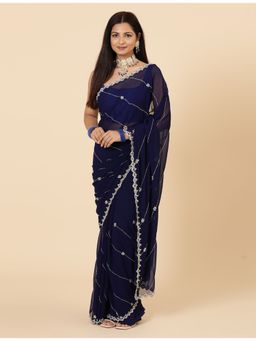 Vervee Couture - Evara Navy Blue Embellished Handwork Bugle Beads Saree with Unstitched Blouse