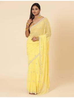 Vervee Couture - Evara Pastel Yellow Embellished Handwork Bugle Beads Saree with Unstitched Blouse