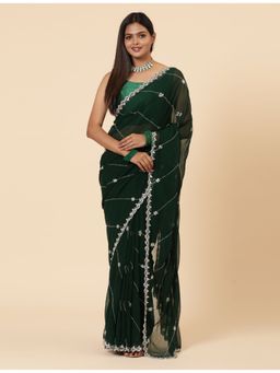 Vervee Couture - Evara Dark Green Embellished Handwork Bugle Beads Saree with Unstitched Blouse