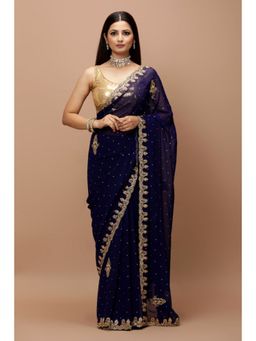 Vervee Couture - Navy Blue Georgette Handcrafted Bugle Beads Border Saree with Unstitched Blouse