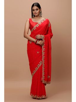 Vervee Couture - Scarlet Red Georgette Handcrafted Bugle Beads Border Saree with Unstitched Blouse
