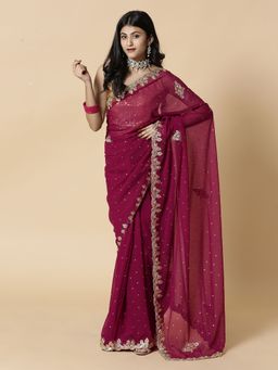 Vervee Couture - Dark Grape Wine Handcrafted Bugle Beads Border Saree with Unstitched Blouse