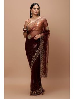Vervee Couture - Maroon Net Stylish Ikrar Gold Bugle Beads Border Saree with Unstitched Blouse