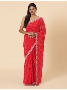 Vervee Couture - Inara Blood Red Embellished Bugle Beads Handwork Saree with Unstitched Blouse
