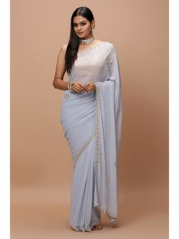 Vervee Couture - Slate Grey Georgette Embellished Bugle Beads Saree with Unstitched Blouse