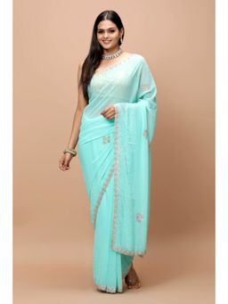 Vervee Couture - Pastel Blue Georgette Embellished Bugle Beads Saree with Unstitched Blouse