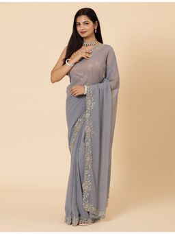 Vervee Couture - Kai Grey Georgette Bugle Beads Handwork Saree with Unstitched Blouse