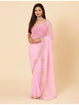 Vervee Couture - Kai Light Pink Georgette Bugle Beads Handwork Saree with Unstitched Blouse