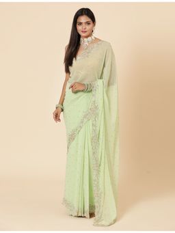 Vervee Couture - Kai Light Green Georgette Bugle Beads Handwork Saree with Unstitched Blouse