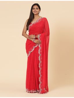 Vervee Couture - Khaza Red Georgette Handwork Bugle Beads Saree with Unstitched Blouse