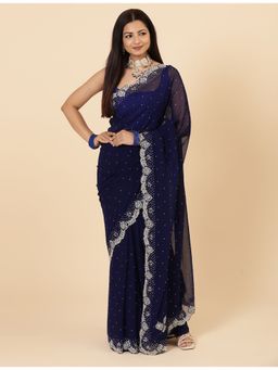 Vervee Couture - Khaza Navy Blue Georgette Handwork Bugle Beads Saree with Unstitched Blouse