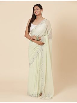 Vervee Couture - Khaza Pastel Green Georgette Handwork Bugle Beads Saree with Unstitched Blouse