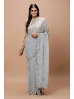 Vervee Couture - Grey Georgette An Intricate Beads-Embellished Saree with Unstitched Blouse