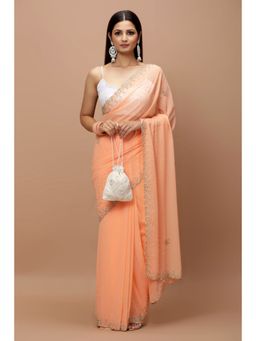 Vervee Couture - Peach Georgette Bugle Beads Handwork Saree with Unstitched Blouse
