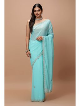 Vervee Couture - Blue Georgette Bugle Beads Handwork Saree with Unstitched Blouse
