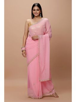 Vervee Couture - Pastel Pink Georgette Bugle Beads Handwork Saree with Unstitched Blouse
