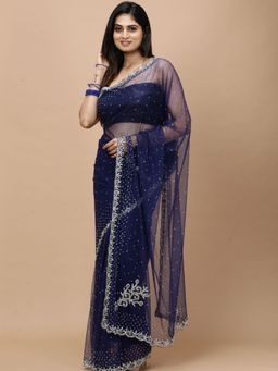 Vervee Couture - Berry Navy Blue Net Elegantly Embellished Beads Border Saree with Unstitched Blouse