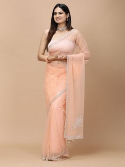 Vervee Couture - Pastel Peach Net Elegantly Embellished Beads Border Saree with Unstitched Blouse