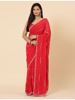Vervee Couture - Sansa Red Embellished Georgette Bugle Beads Saree with Unstitched Blouse