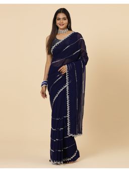 Vervee Couture - Sansa Navy Blue Embellished Georgette Bugle Beads Saree with Unstitched Blouse