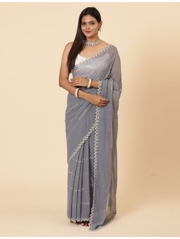 Vervee Couture - Sansa Grey Embellished Georgette Bugle Beads Saree with Unstitched Blouse