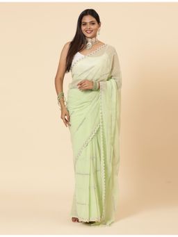 Vervee Couture - Sansa Pastel Green Embellished Georgette Bugle Beads Saree with Unstitched Blouse