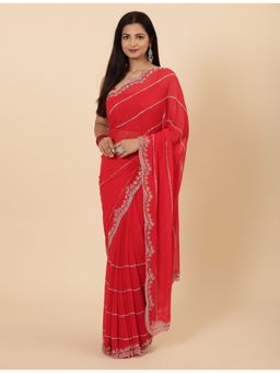 Vervee Couture - Shia Cadmium Red Embellished Bugle Beads Handwork Saree with Unstitched Blouse