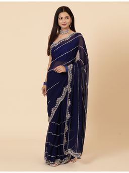 Vervee Couture - Shia Navy Blue Embellished Bugle Beads Handwork Saree with Unstitched Blouse