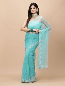 Vervee Couture - Turquoise Wafa Net Embellished Beads Border Saree with Unstitched Blouse