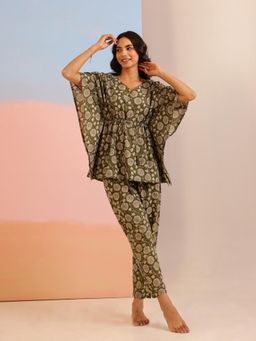 SAY - Olive V-Neck Pure Cotton Floral Printed Night Suit for Women (Set of 2)