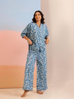 SAY - Teal Color Tropical Printed Pure Cotton Night Suit (Set of 2)