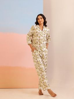 SAY - Cream Color Tropical Printed Pure Cotton Night Suit (Set of 2)