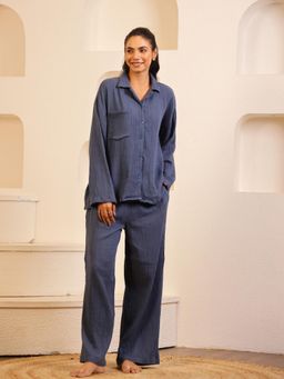 SAY - Navy Blue Lapel Collar Pure Cotton Solid Night Suit for Women (Set of 2)