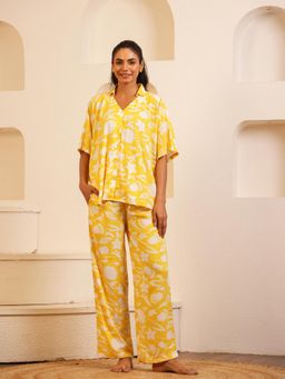 SAY - Yellow V-Neck Viscose Rayon Floral Night Suit for Women (Set of 2)