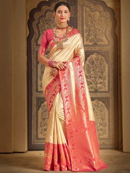 Akhilam - Womens Silk Blend Cream Woven Designer Saree with Unstitched Blouse