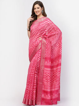 KISHORI - Women's Modal Cotton Zig Zag Printed with Zari Weaving Saree with Unstitched Blouse