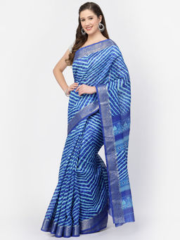 KISHORI - Women's Modal Cotton Zig Zag Printed with Zari Weaving Saree with Unstitched Blouse