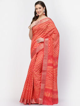 KISHORI - Women's Modal Cotton Zig Zag Printed with Zari Weaving Saree with Unstitched Blouse