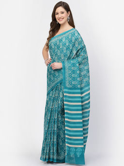 KISHORI - Women's Cotton Ajrakh Printed Saree with Unstitched Blouse