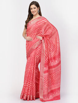 KISHORI - Women's Modal Cotton Zig Zag Printed with Zari Weaving Saree with Unstitched Blouse