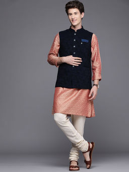 Manyavar - Blue Blended Rayon Solid Ethnic Waistcoat