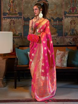 Akhilam - Womens Silk Blend Pink Woven Designer Saree with Unstitched Blouse