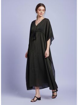 Qurvii - Black Zari Long Kaftan Dress